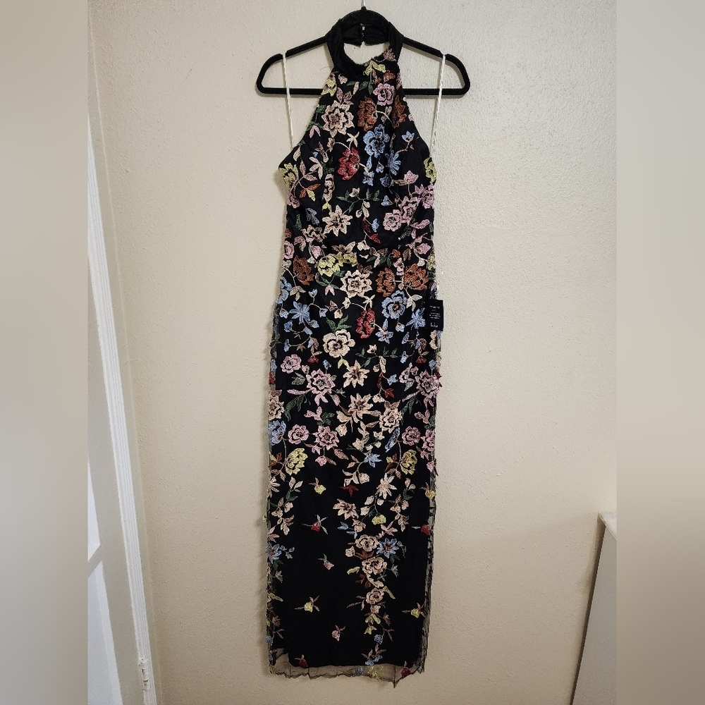 Lulus Infinite Praise Black 3D Floral Embroidered Halter Maxi Dress Wedding - Picture 6 of 8